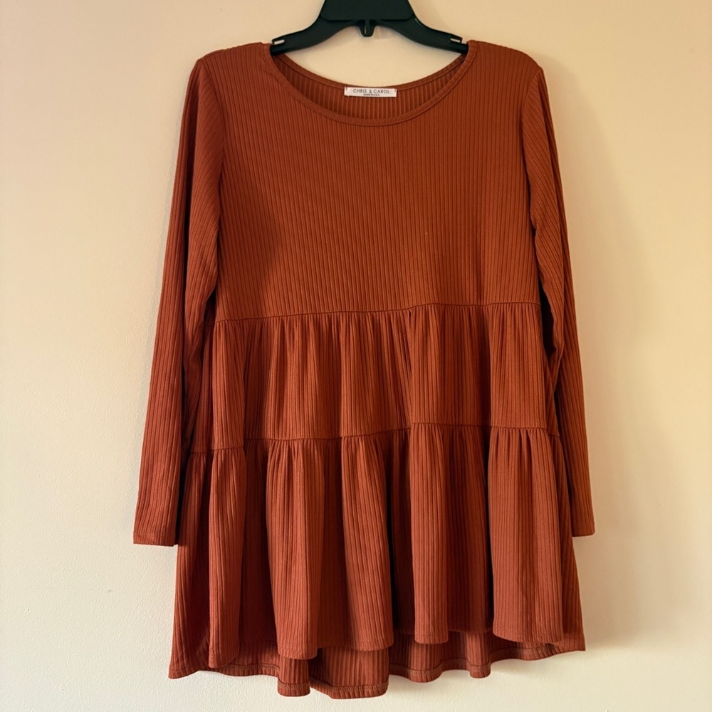 Chris & Carol Rust Babydoll Tunic Dress Women’s Medium Ribbed Long Sleeve